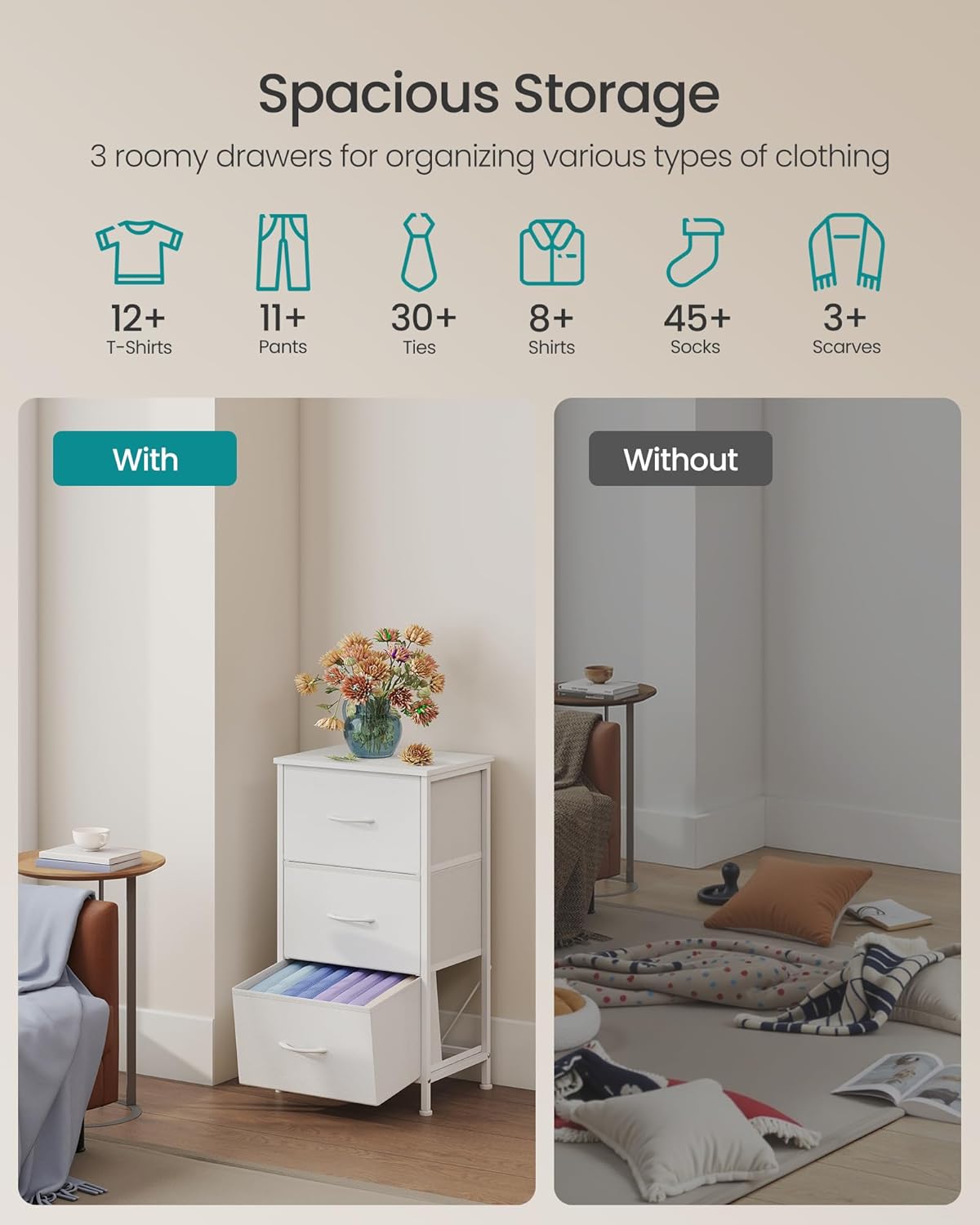 SONGMICS Dresser - Stylish Chest of Drawers with 3 Fabric Storage Bins | Cloud White & Snow White