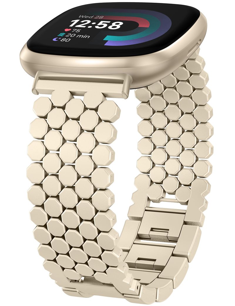 Minyee Metal Bands Compatible with Fitbit Sense 2/Versa 4/Versa 3/Sense Bands Women, Dressy Stainless Steel Chain Honeycomb Designer Fancy Gold Link Bracelet Wristband Replacement Strap for Sense 2
