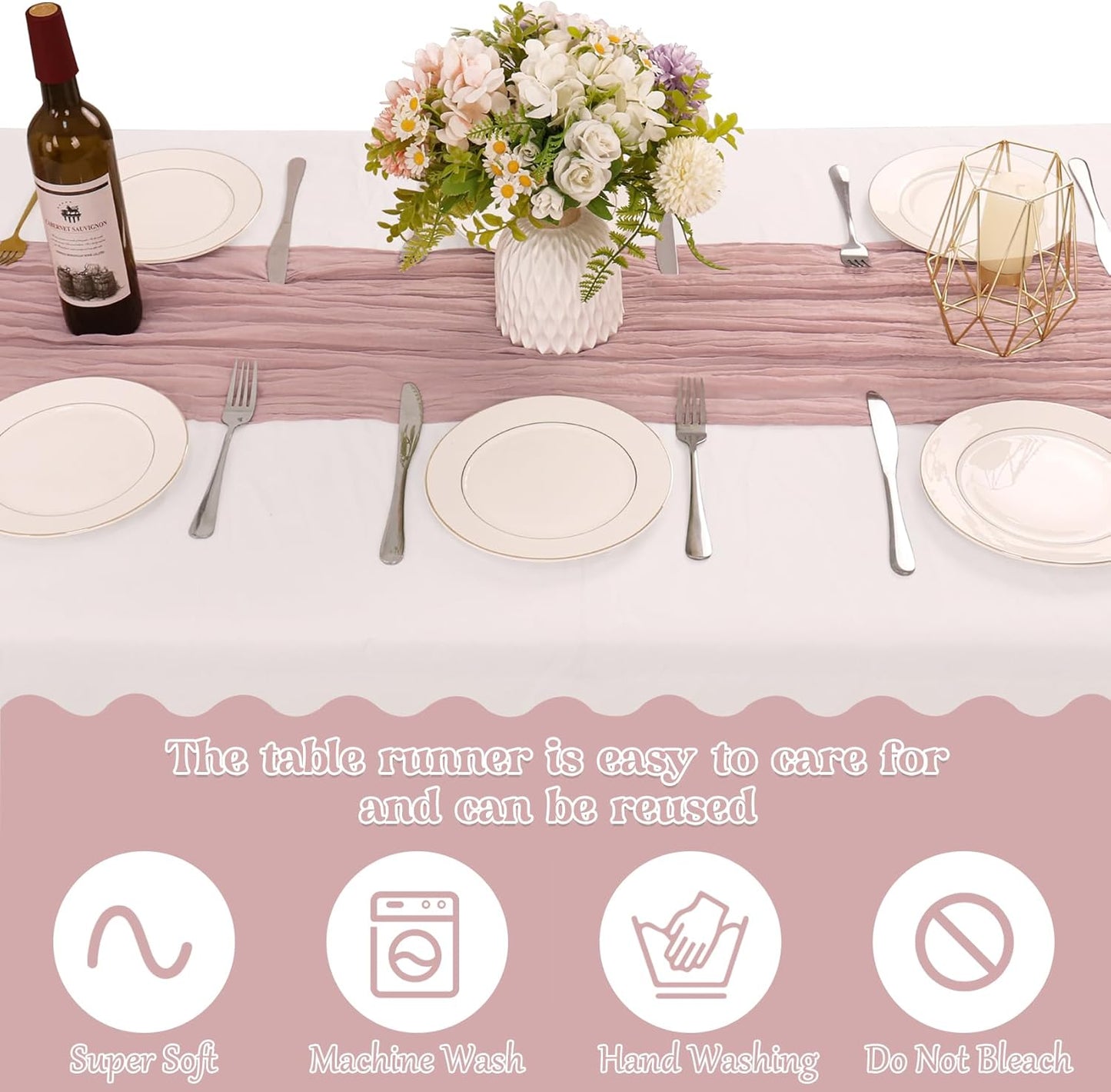 Skiennix Dusty Pink Cheesecloth Table Runner - 10FT Boho Vintage Sheer Runners for Weddings & Events