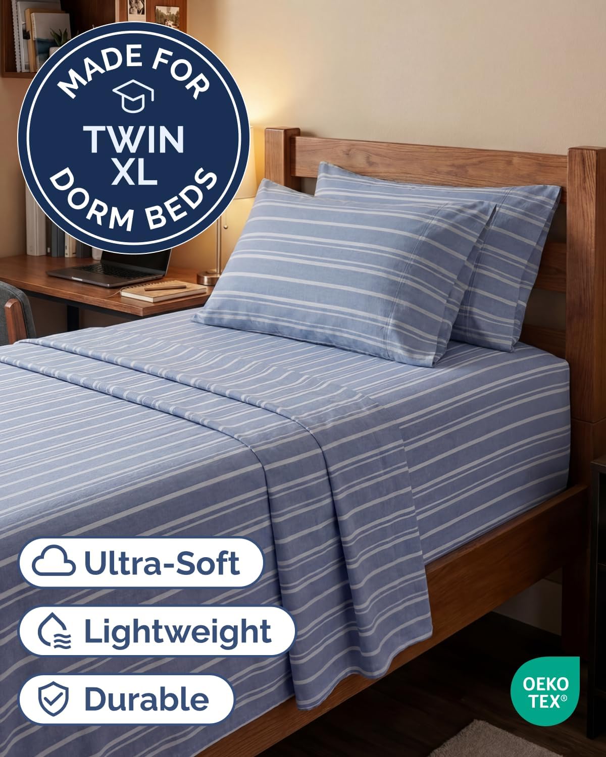 Skiennix Extra Deep Twin XL Sheet Set - 4-Piece Breathable Cooling Bedding - Soft Wrinkle-Free Blue Stripes