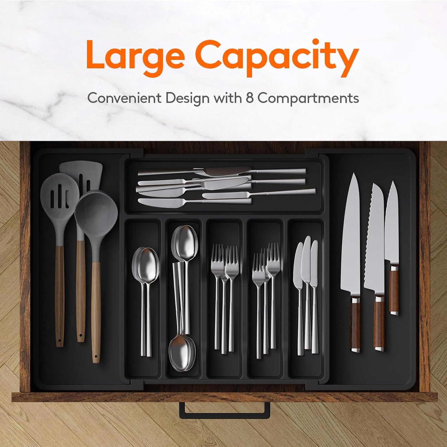 Lifewit Drawer Organizer Set - Expandable Plastic Storage for Silverware & Cooking Utensils | BPA-Free, Black