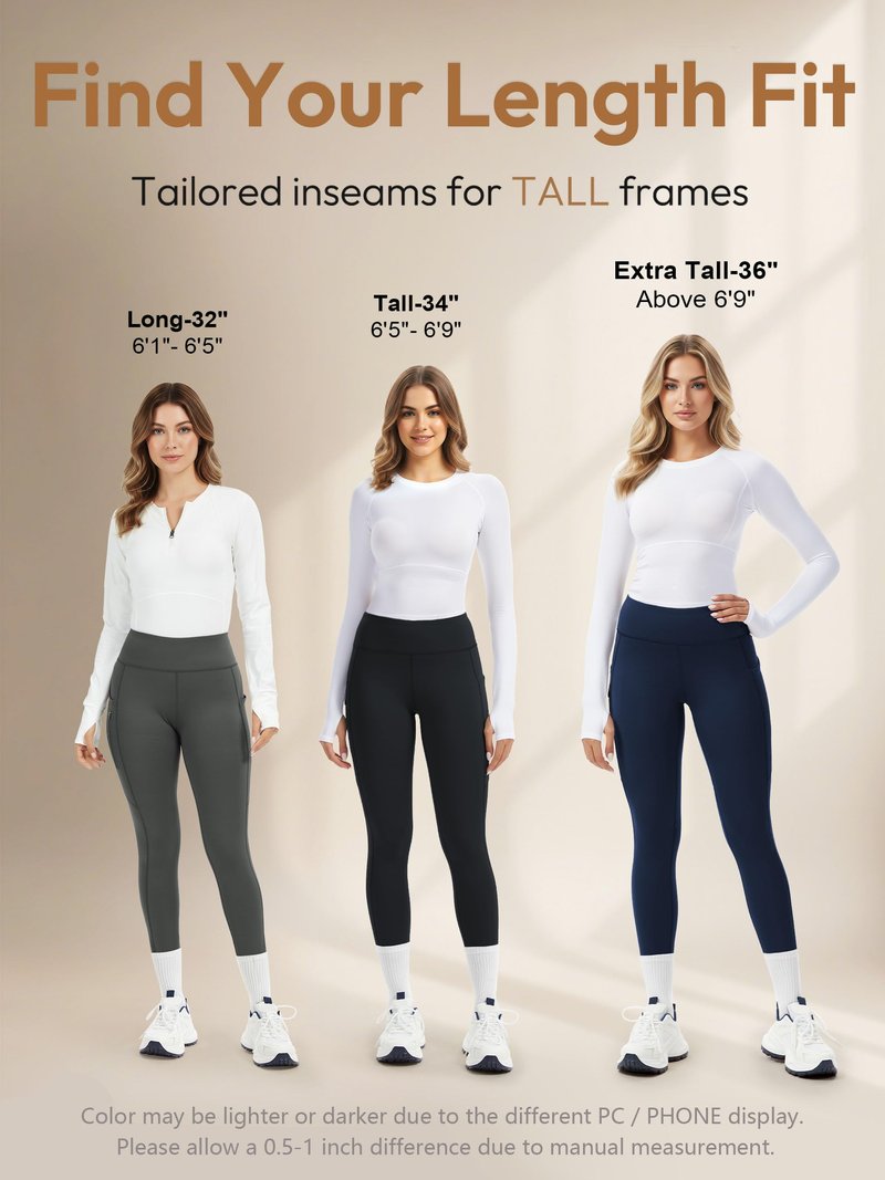 Tallemon Tall Womens 34" Tall Inseam Fleece Lined Leggings Thermal Yoga Pants 3 Pockets Winter Warm Underwear Bottoms, Black, M