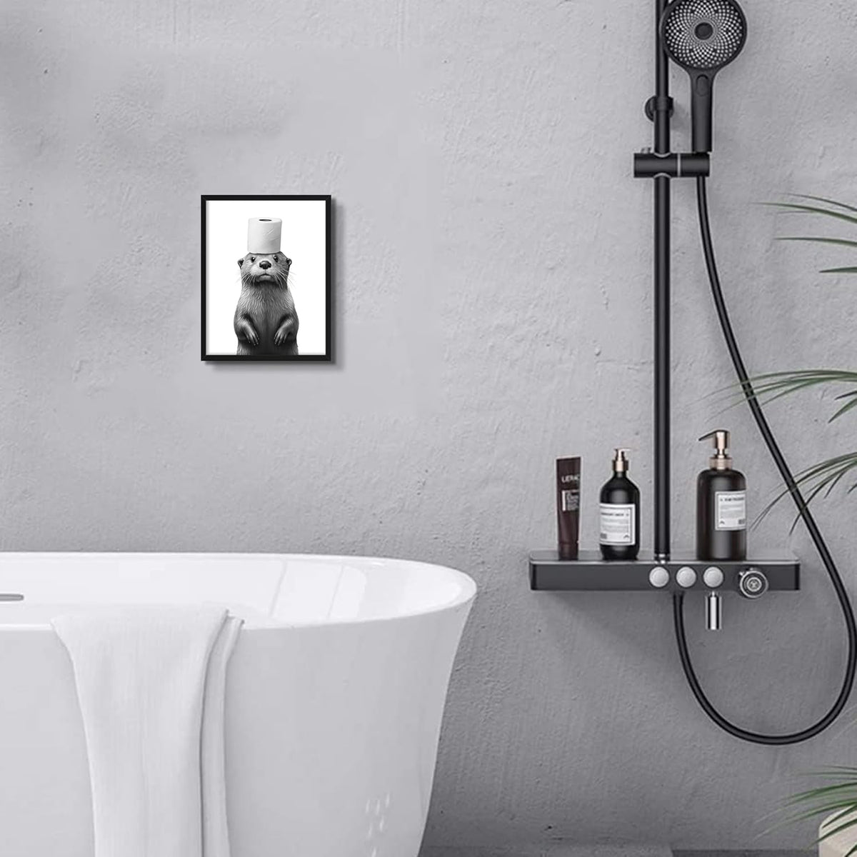 Skiennix Funny Bathroom Wall Art - Cute Otter Holding Toilet Paper | Black & White Canvas Print 8x10 Inch