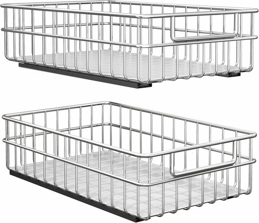 Pull Out Cabinet Organizer - Stainless Steel 2-Pack Slide-Out Drawers with Silent Full-Extension Slides | Versatile Spice Storage for Kitchen, Pantry, and Bathroom