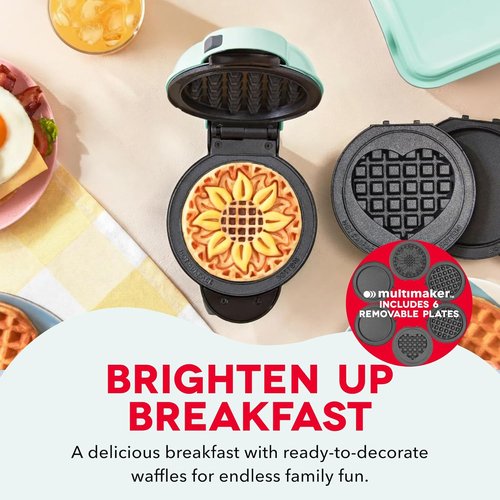 Dash MultiMaker® Mini Maker System - Compact Waffle Maker with Removable Plates - Aqua Color & Storage Case