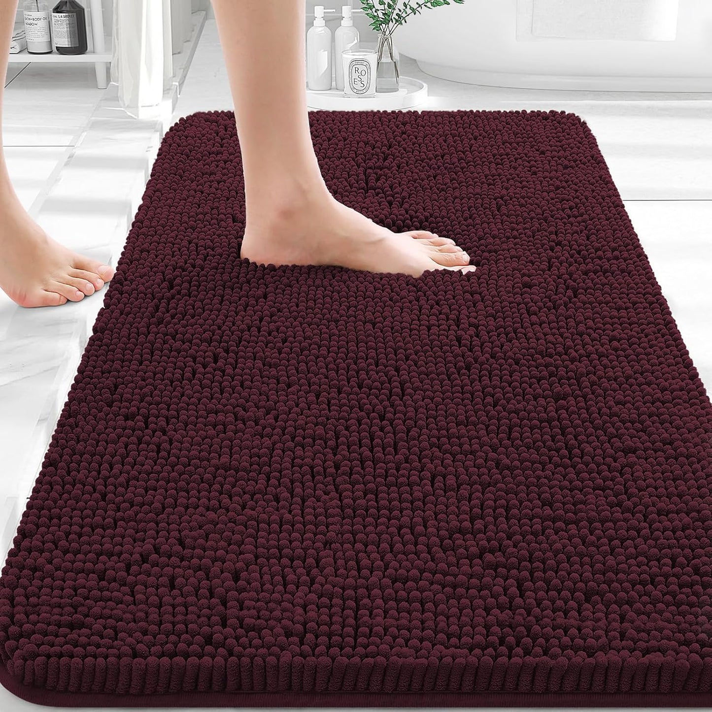 OLANLY Bathroom Rugs - Extra Soft Chenille Bath Mats with Rubber Backing | 36x24, Quick Dry, Black Cherry