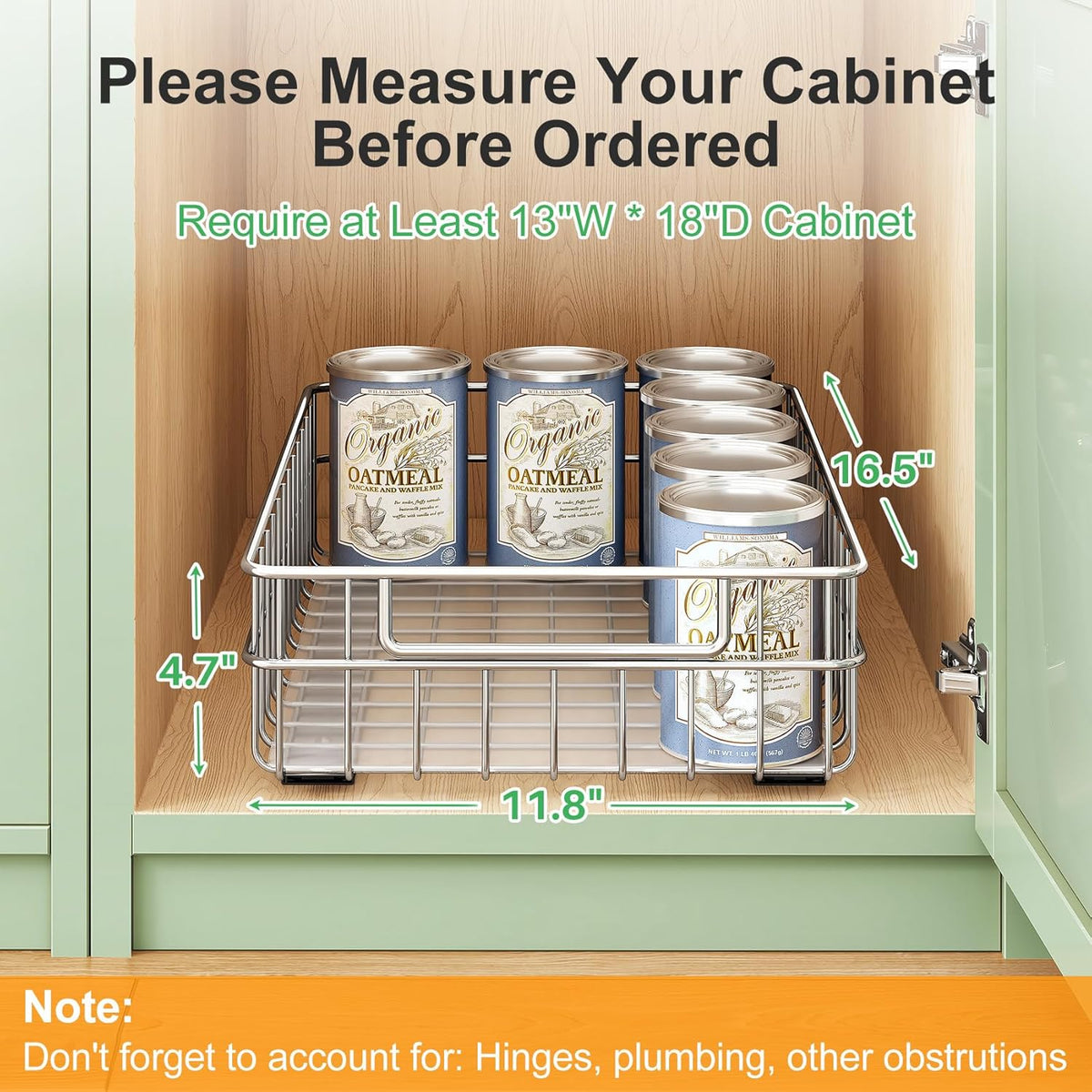 Pull Out Cabinet Organizer - Stainless Steel 2-Pack Slide-Out Drawers with Silent Full-Extension Slides | Versatile Spice Storage for Kitchen, Pantry, and Bathroom