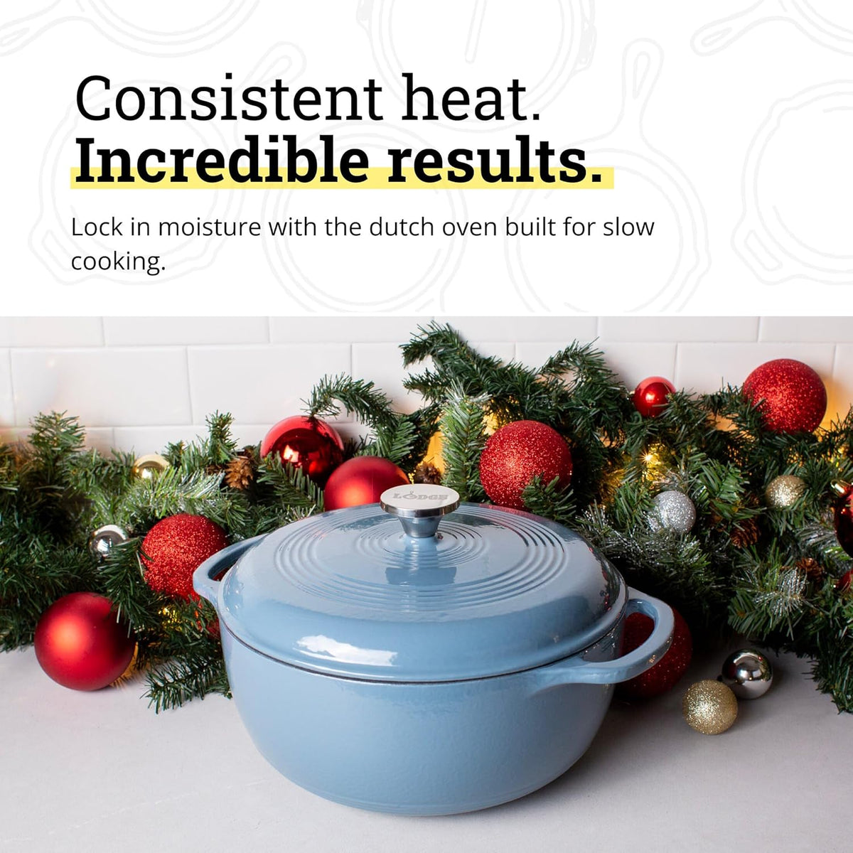 Lodge 3 Quart Enameled Cast Iron Dutch Oven - Dual Handles & Lid - Oven Safe to 500°F - Storm Blue