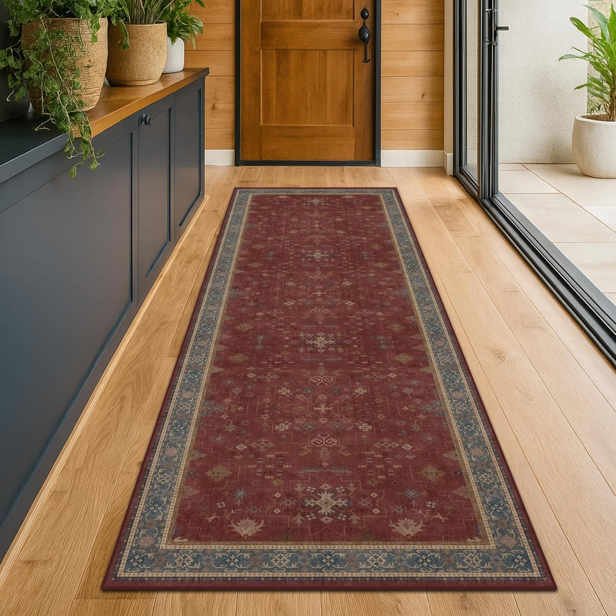 Regine Switzerland Dark Red Hallway Runner Rug - 10ft Washable Non-Slip Indoor Mat | Soft Boho Floral Design