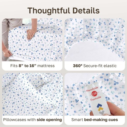 California Design Den Full Size Cotton Sheet Set - 100% Soft Sateen, 400 TC, Deep Pockets, Floral White/Blue
