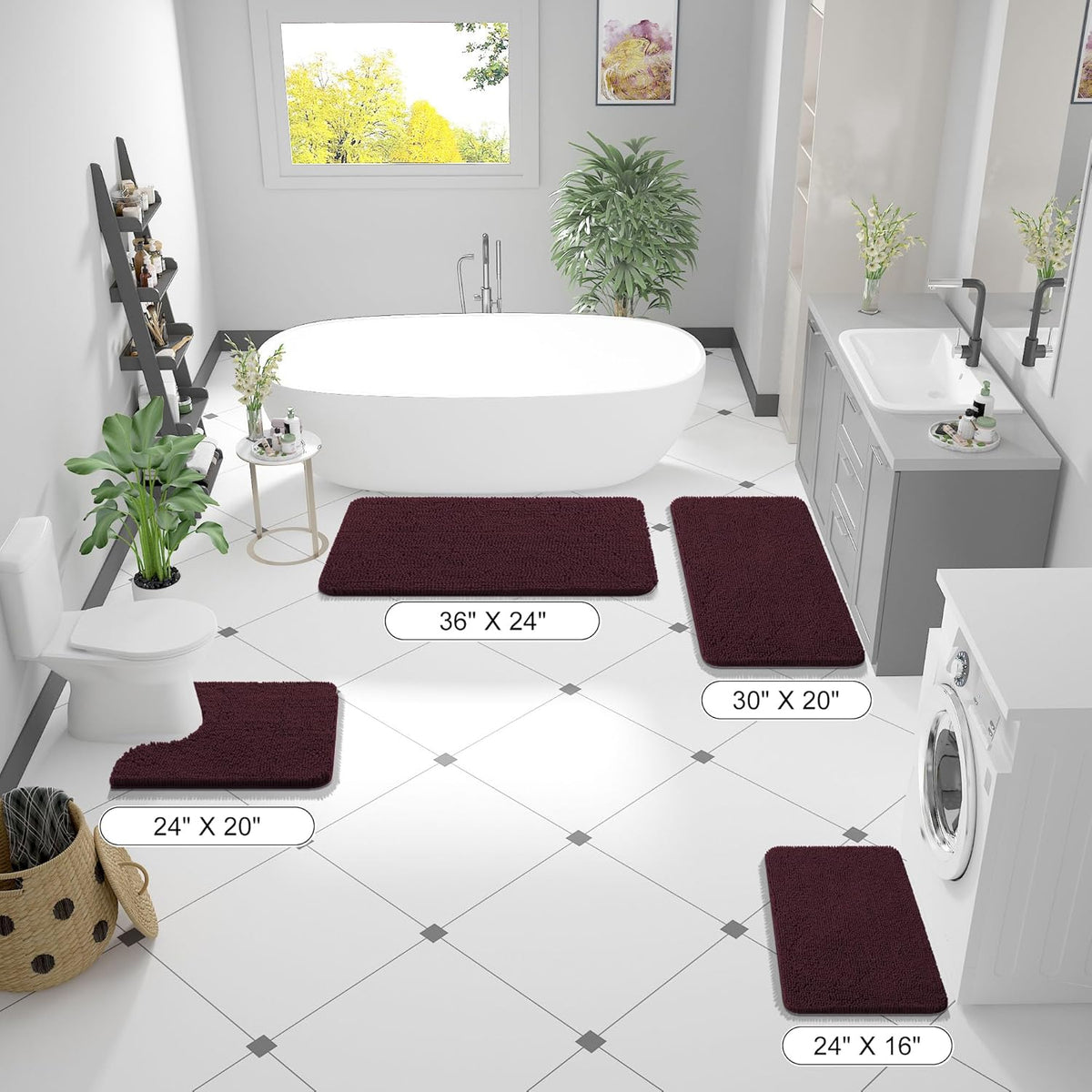 OLANLY Bathroom Rugs - Extra Soft Chenille Bath Mats with Rubber Backing | 36x24, Quick Dry, Black Cherry