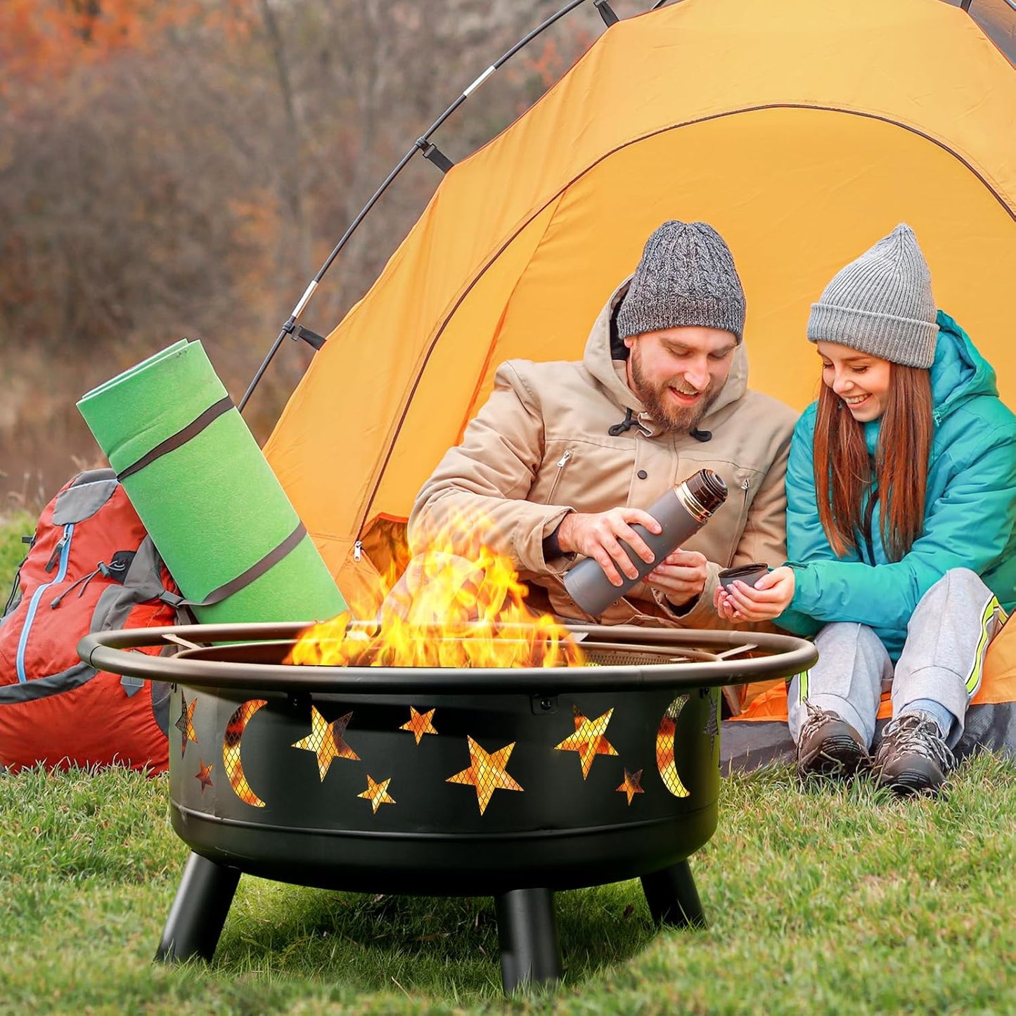 Skiennix 32-Inch Round Fire Pit - Metal Wood Burning Design with Mesh Cover & Poker | Outdoor Patio & Garden Decor