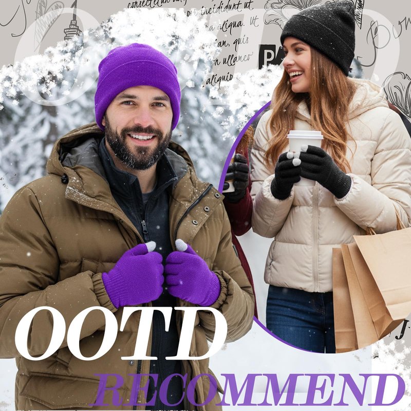 Tivi Tovo 4 Pcs Winter Knit Beanie Hat and Touchscreen Gloves Set for Women Men Warm Acrylic Cap and Gloves Set(Black, Purple,Knit)