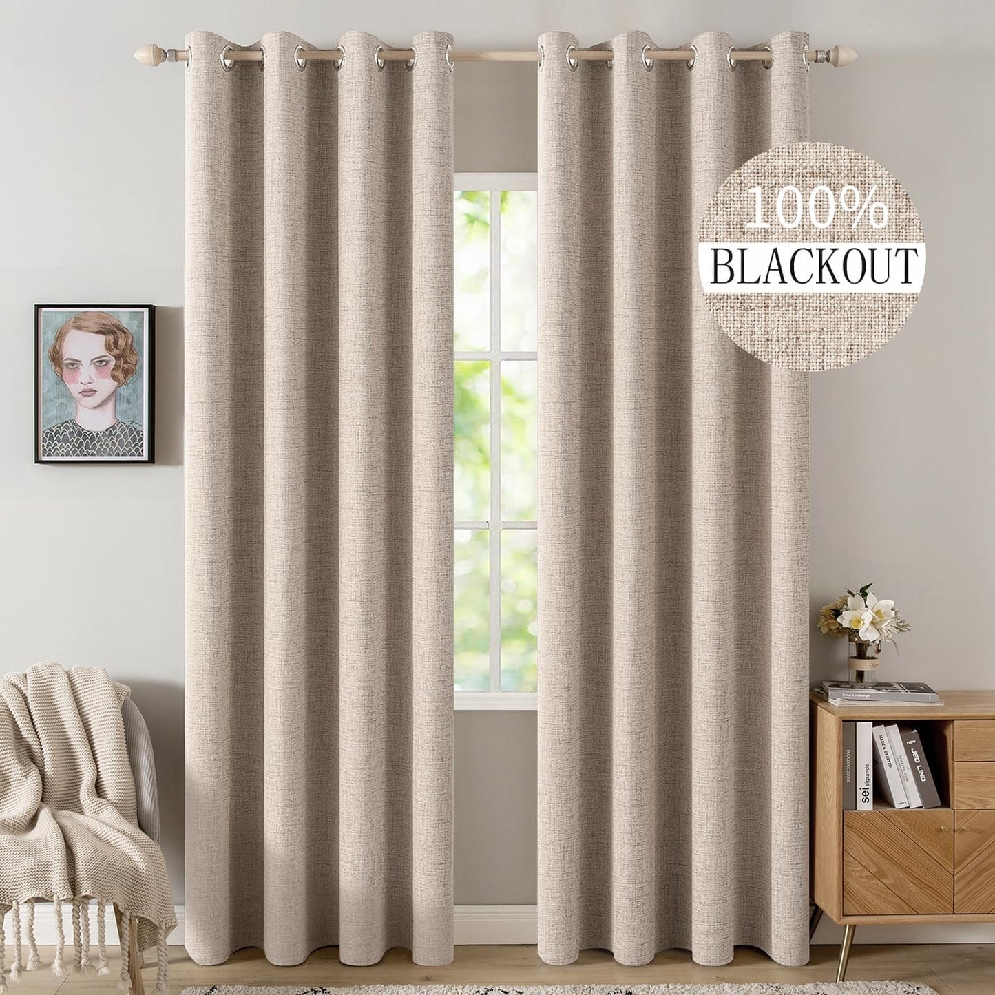 MIULEE 100% Blackout Linen Textured Curtains - Thermal Insulated Natural Beige Drapes | 52 x 80 Inch (2 Panels)