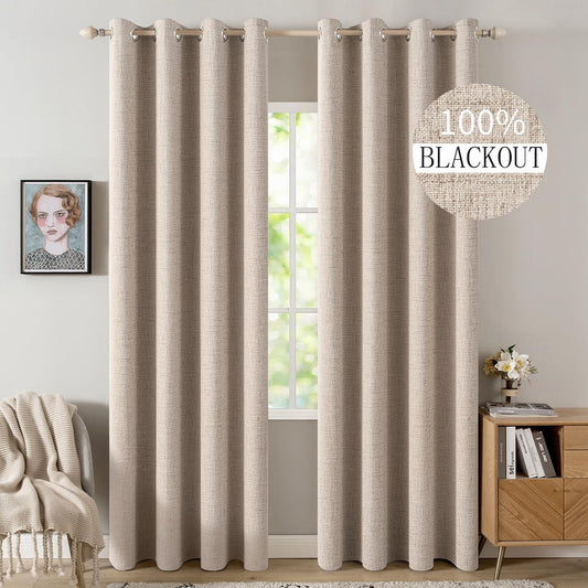 MIULEE 100% Blackout Linen Textured Curtains - Thermal Insulated Natural Beige Drapes | 52 x 80 Inch (2 Panels)