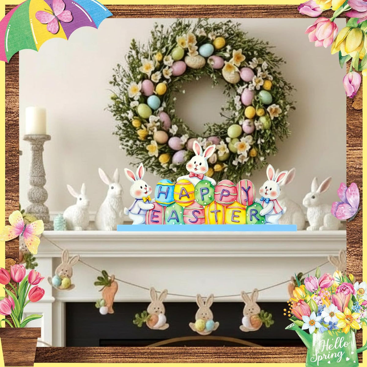 MiniInflat Easter Bunny Metal Sign - Spring Table Decor for Home & Office | Pastel Centerpiece with Wood Base