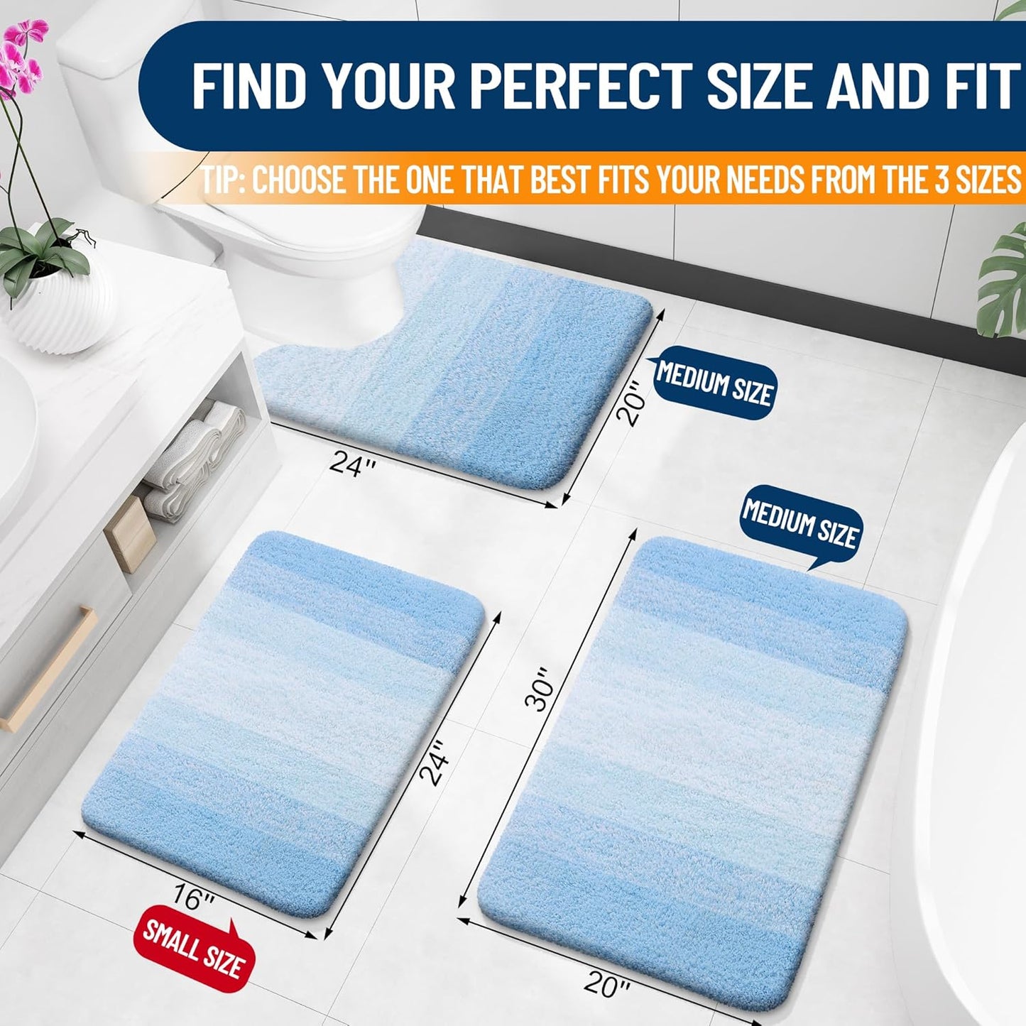 OLANLY Large Bath Rugs - Extra Soft Microfiber Mat 50x30 | Quick Dry, Machine Washable, Sky Blue