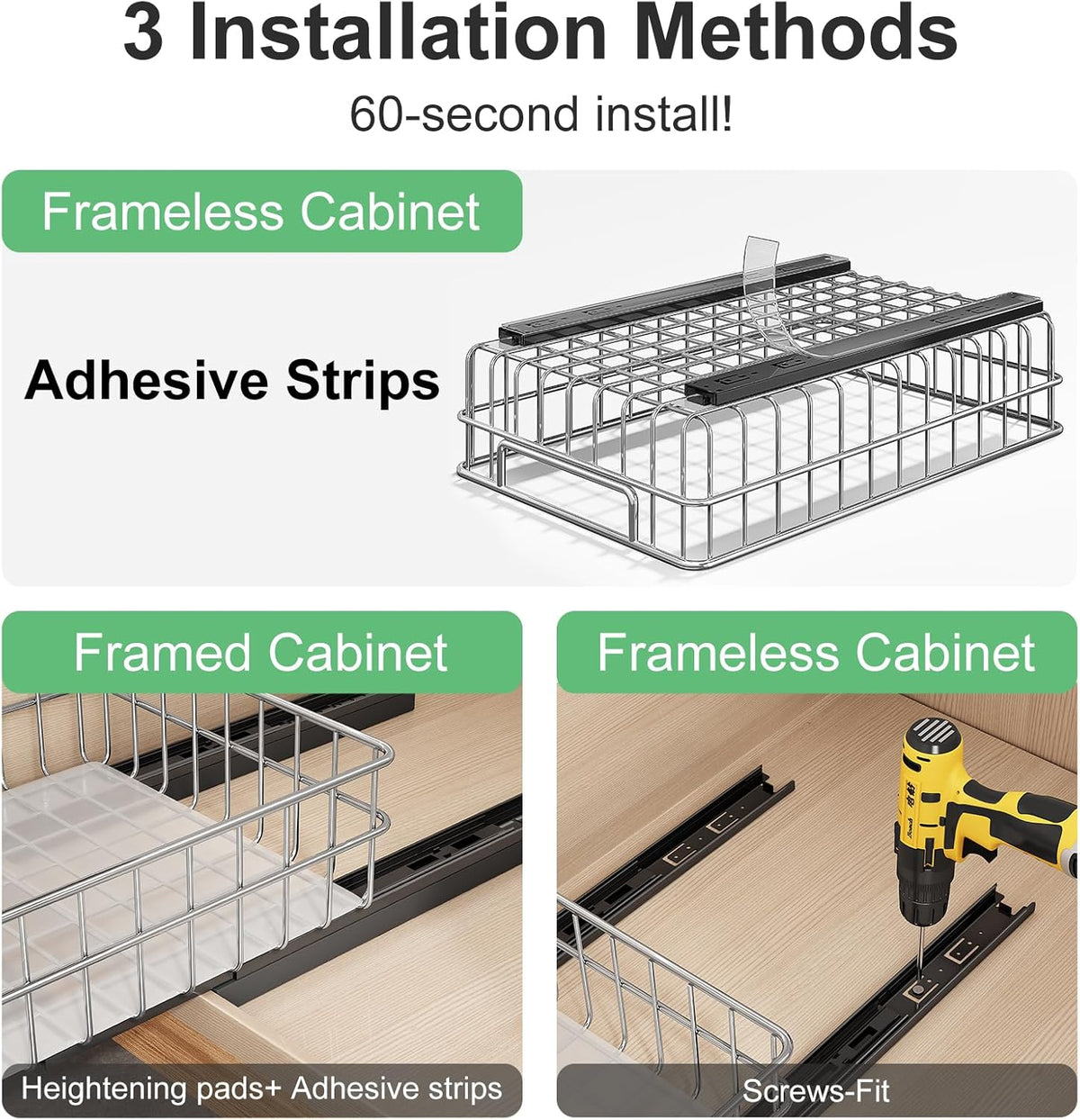 Pull Out Cabinet Organizer - Stainless Steel 2-Pack Slide-Out Drawers with Silent Full-Extension Slides | Versatile Spice Storage for Kitchen, Pantry, and Bathroom