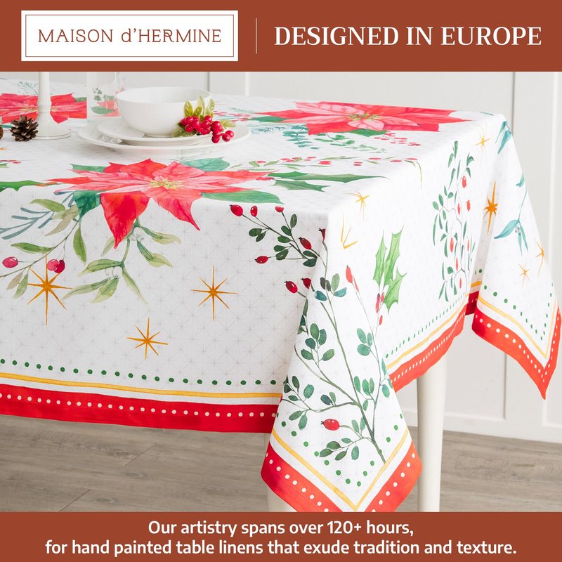 Maison d' Hermine Table Cloth Rectangle Table 100% Cotton 70 x 140 Inches Fall Tablecloth Reusable Everyday Use for Thanksgiving Christmas Decorations Dining Farmhouse Party (Poinsettia Christmas)