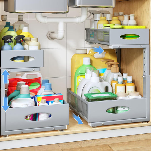 Under Sink Organizer | 2-Pack 2-Tier Pull-Out Cabinet Shelf with Metal Slides & Mesh Drawers - Grey