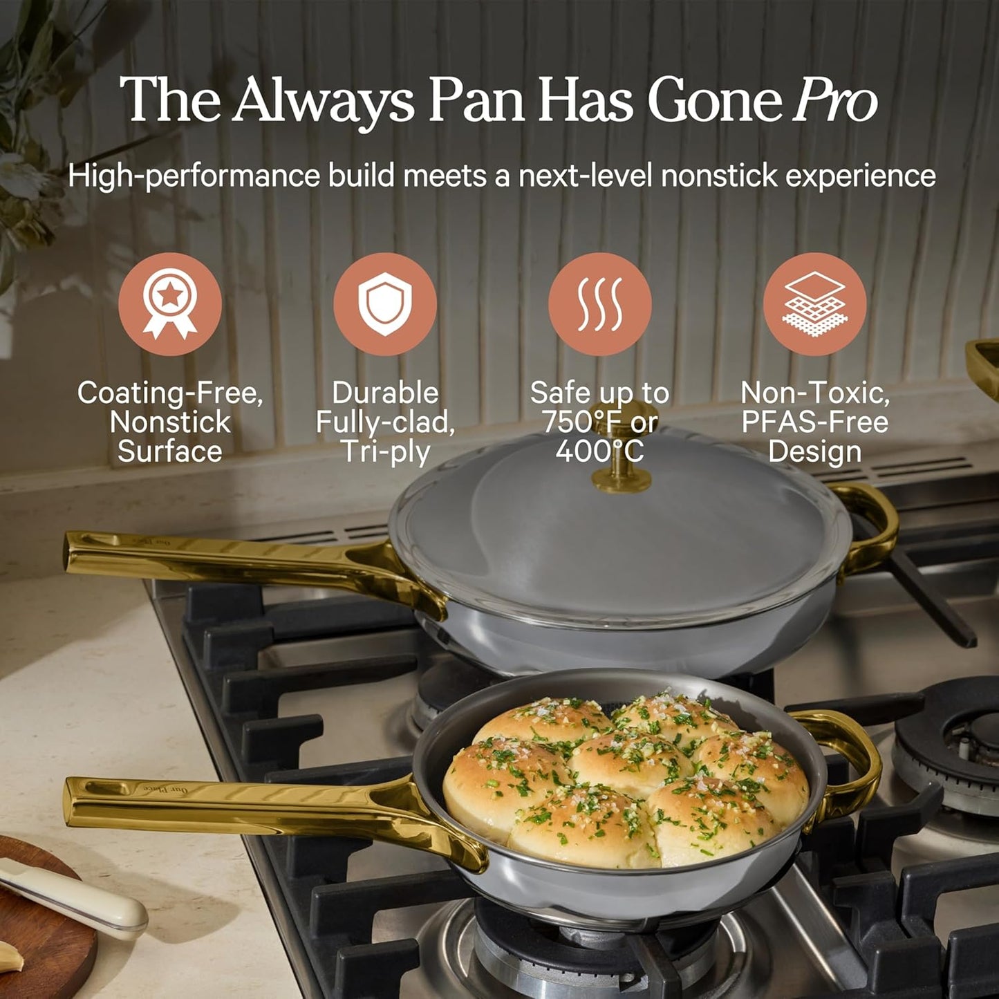 Our Place Mini Titanium Always Pan Pro - 8.5" PFAS-Free Nonstick Frying Pan with Spatula | Chef-Grade Tri-Ply Stainless Steel & Aluminum | Induction & Oven-Safe up to 750°F | Gold