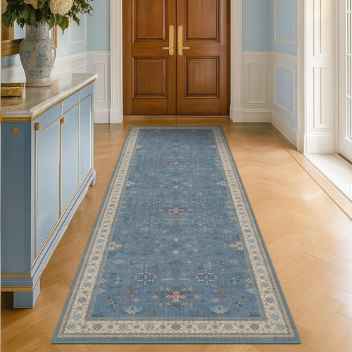 Blue Boho Runner Rug - Washable Non-Slip 2'6''x8' Floral Hallway Rug for Modern Home Décor