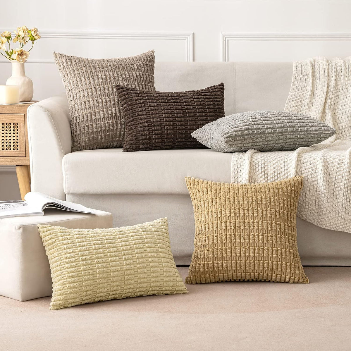 MIULEE Euro Sham Pillow Covers - Soft Corduroy Boho Striped Design | 24x24 Inch Beige for Modern Home Decor
