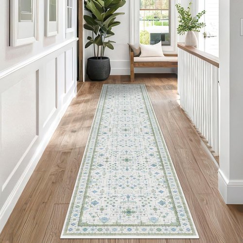 Hazo Haus Washable Oushak Bathroom Runner Rug - Vintage Turkish Floral Design | 2x8 ft Low Pile Non-Slip in Cream, Blue, and Green