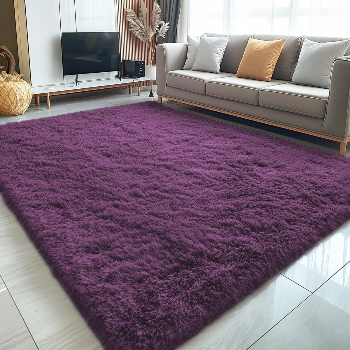 OLANLY Large Area Rug - Soft Fluffy Shaggy Carpet for Living Room & Bedroom | 5x8 Dark Purple