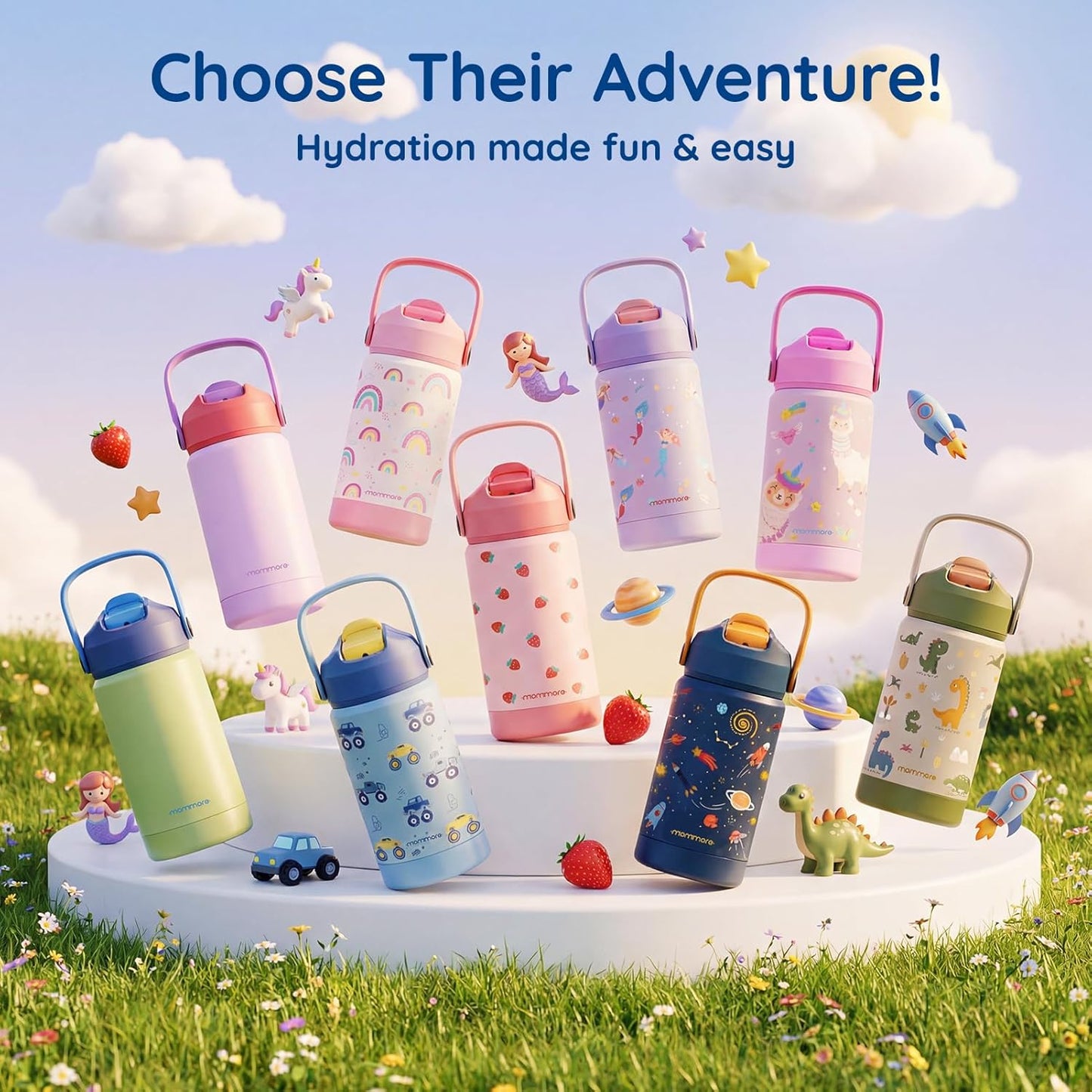 Mommore Kids Water Bottle - 12 oz Insulated Stainless Steel, Leakproof & BPA-Free, Dinosaur Design