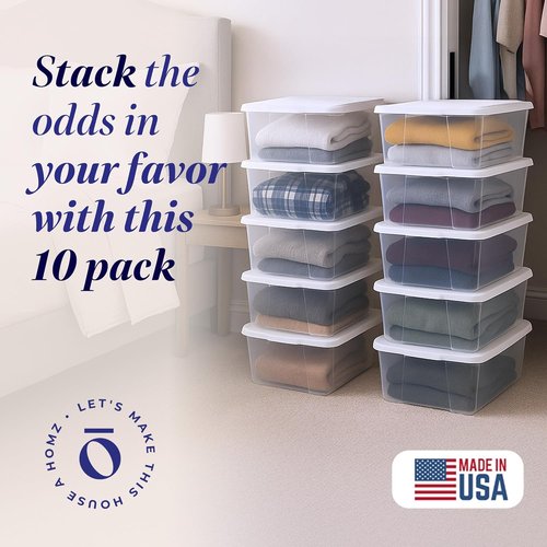 HOMZ 10-Pack Snaplock Storage Organizer Bins - Clear Plastic Containers with Lids, 6 Quart, White | Stackable for Home & Office