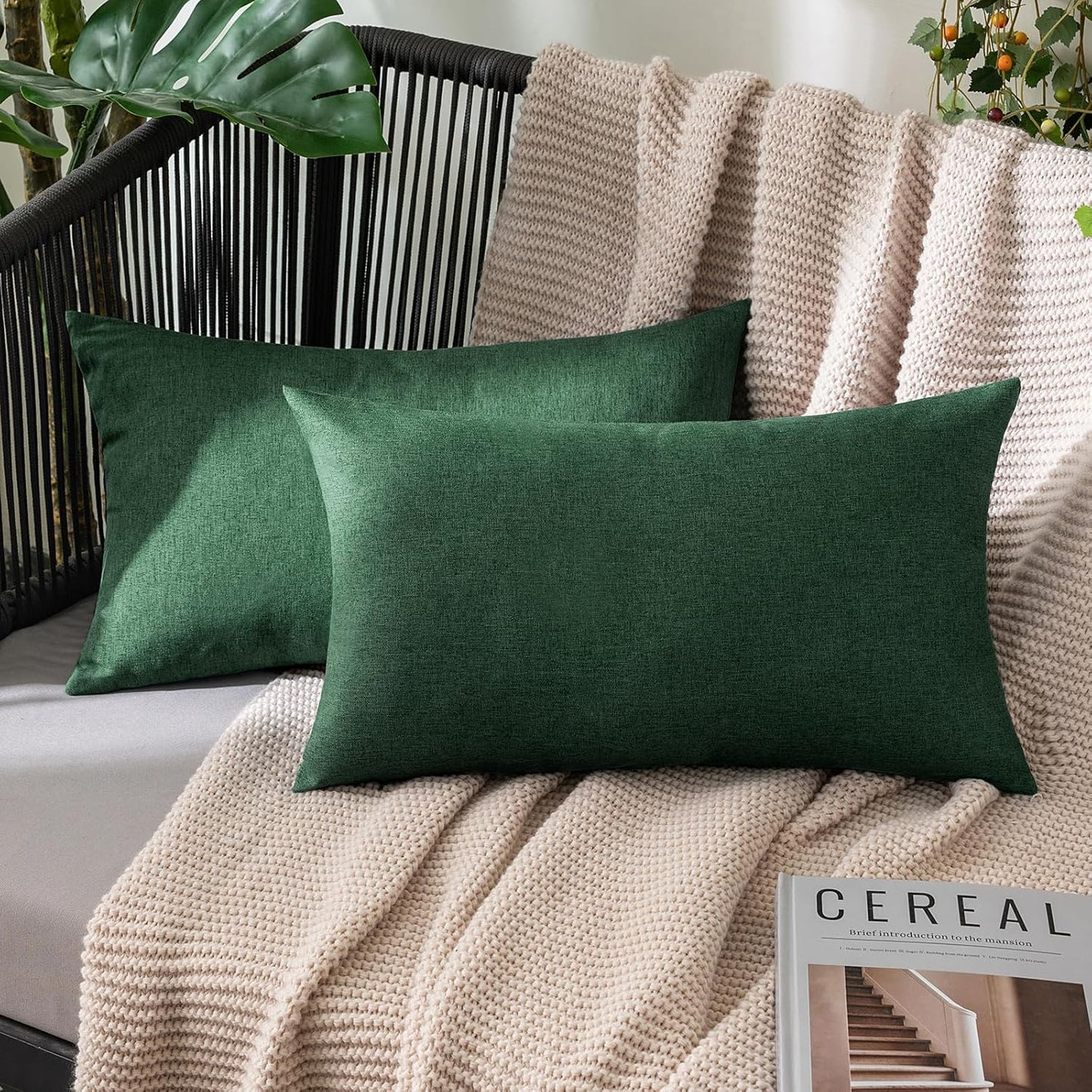 MIULEE Decorative Outdoor Throw Pillow Covers - Waterproof Faux Linen Cushion Cases | 20x12 Inch Emerald Green (Pack of 2)