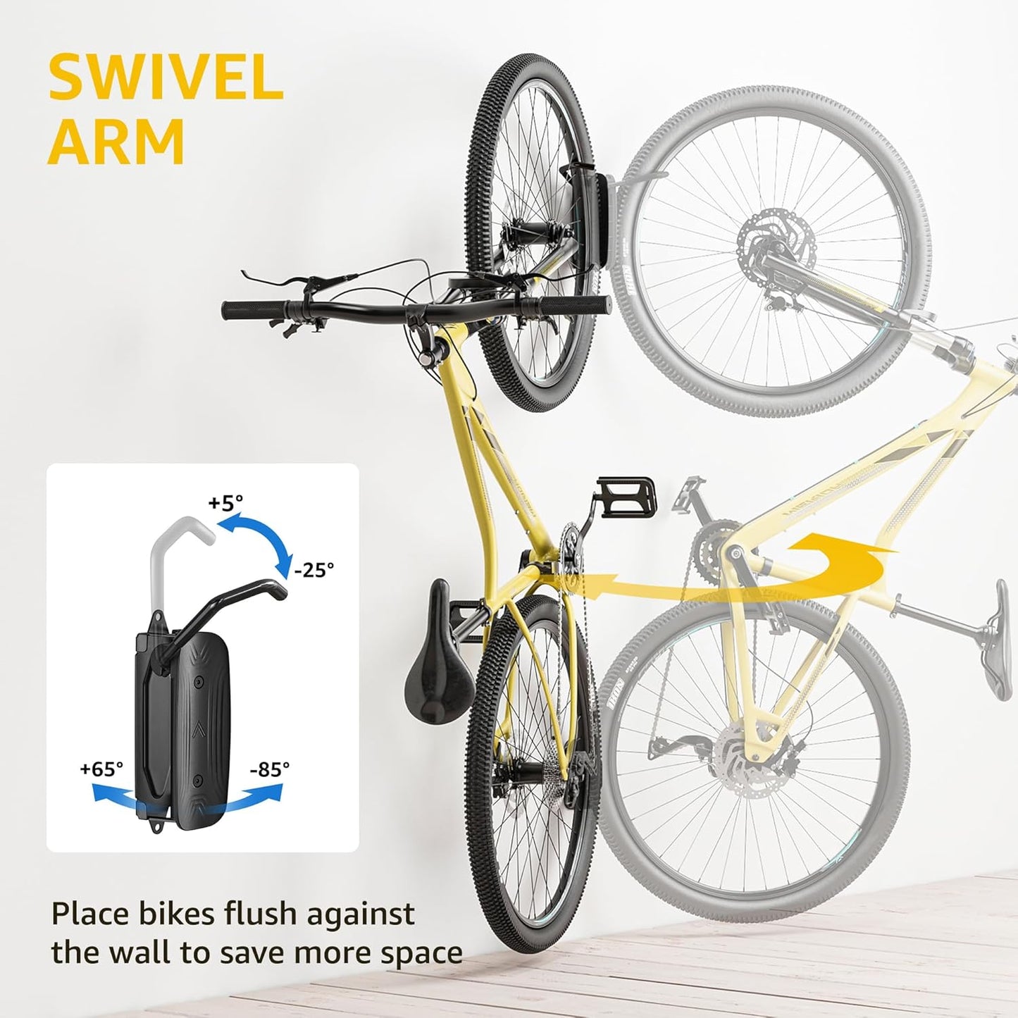 monTEK Swivel Bike Wall Mount - Space-Saving Vertical Bike Rack | Holds Up to 66lbs, Easy Installation, 4 Pack