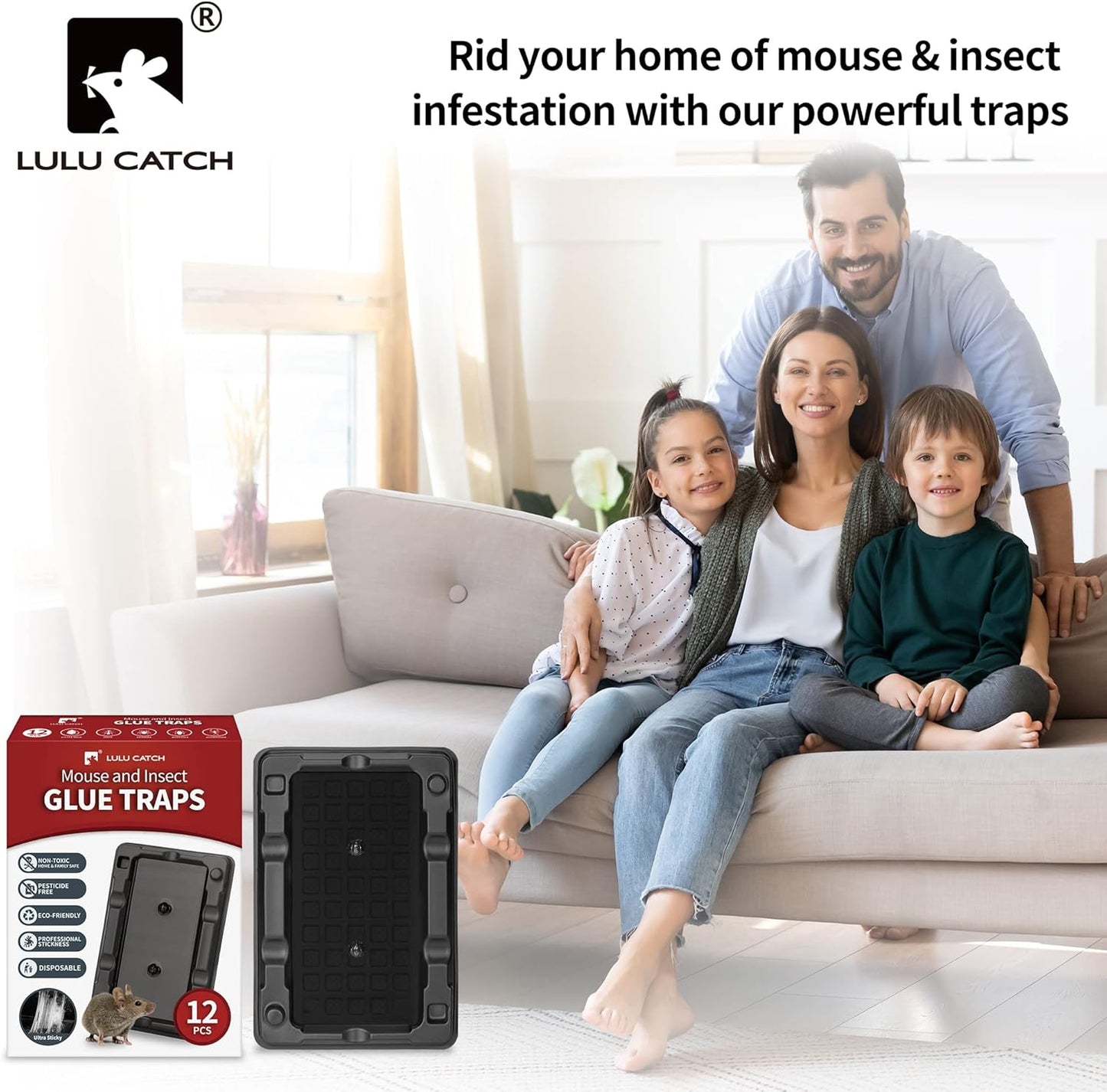 LULUCATCH Mouse & Insect Traps - 12 Pack of Heavy-Duty, Non-Toxic Sticky Traps for Home Use