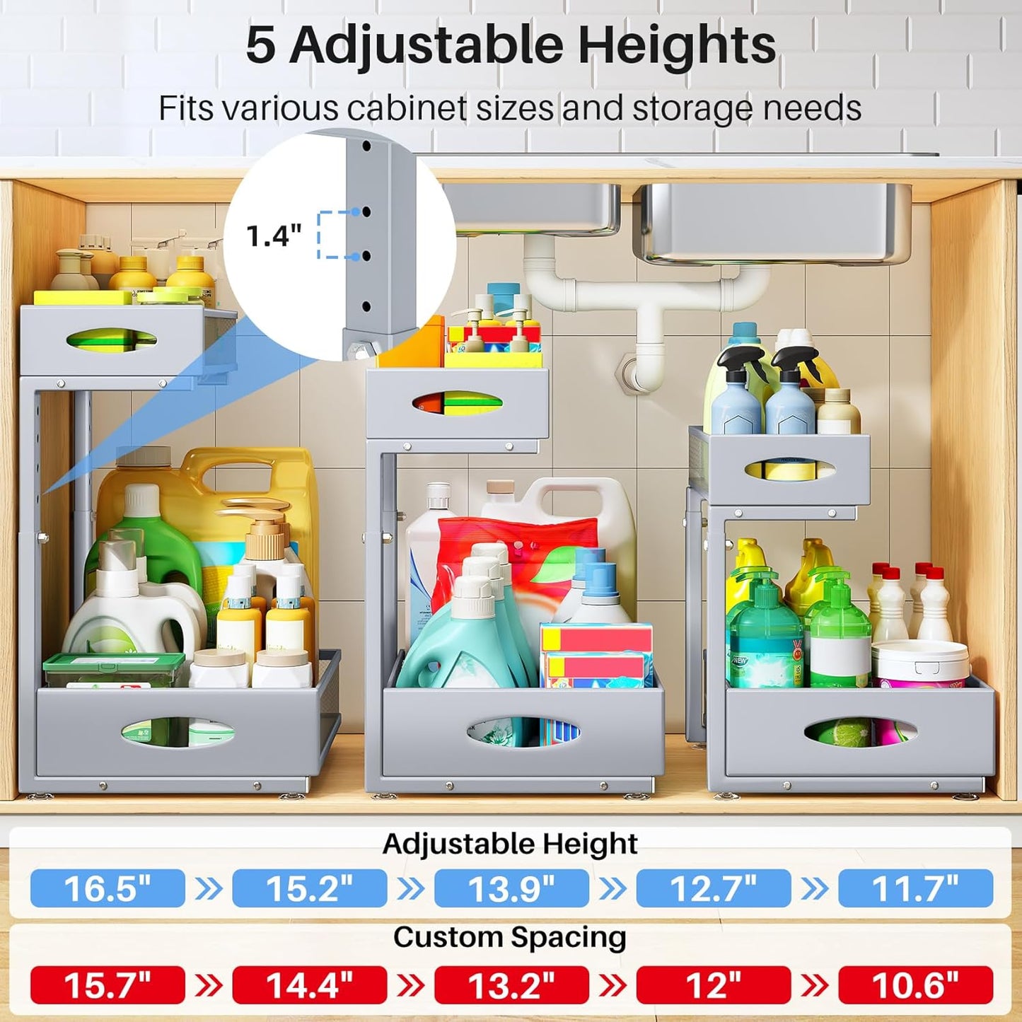 Under Sink Organizer | 2-Pack 2-Tier Pull-Out Cabinet Shelf with Metal Slides & Mesh Drawers - Grey