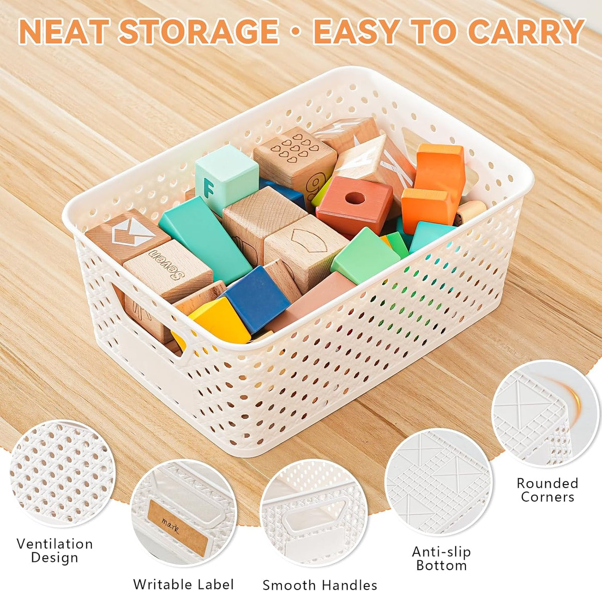 12 Pack Plastic Storage Baskets by [Brand Name] - Versatile Organizers with Handles & Labels for Cabinets, Closets, and Offices