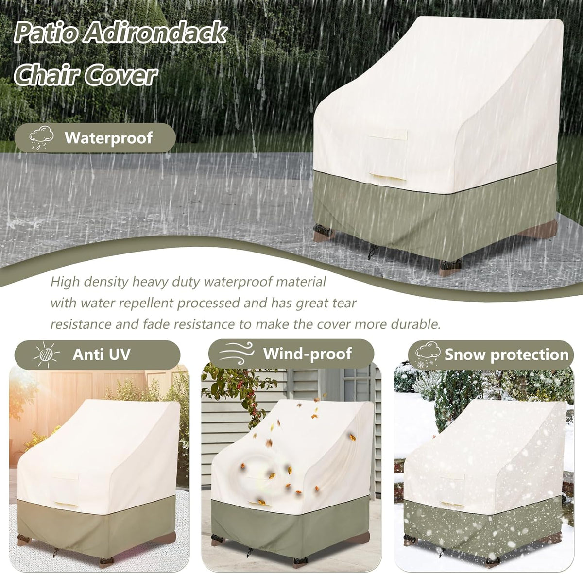Patio Armor Waterproof Adirondack Chair Cover - Fits Chairs Up to 32W x 35D x 36H Inches | Beige