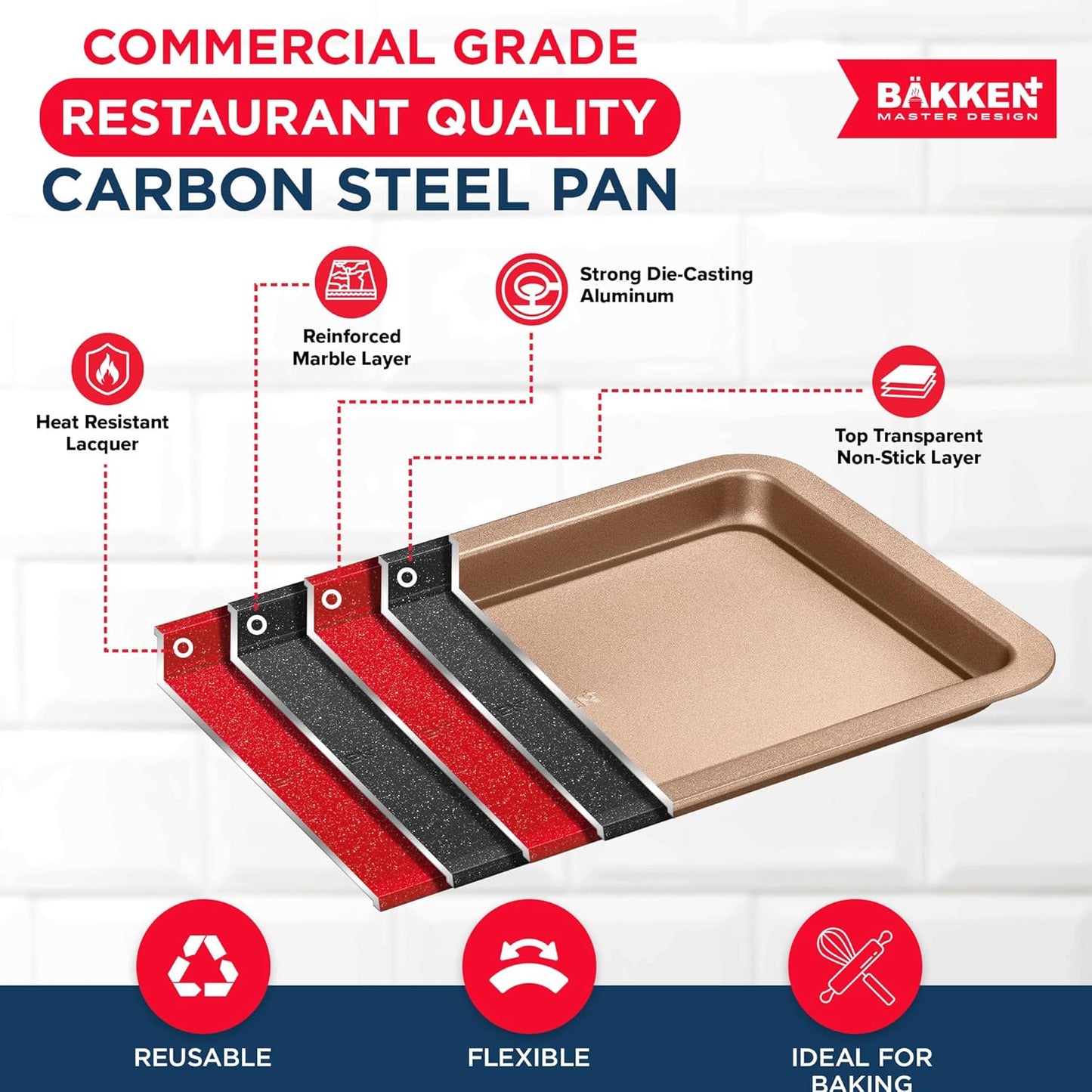 BAKKEN Nonstick Baking Pans - Commercial Grade Carbon Steel Cookie Sheet, 13.18” x 8.66”, Oven Safe to 450°F