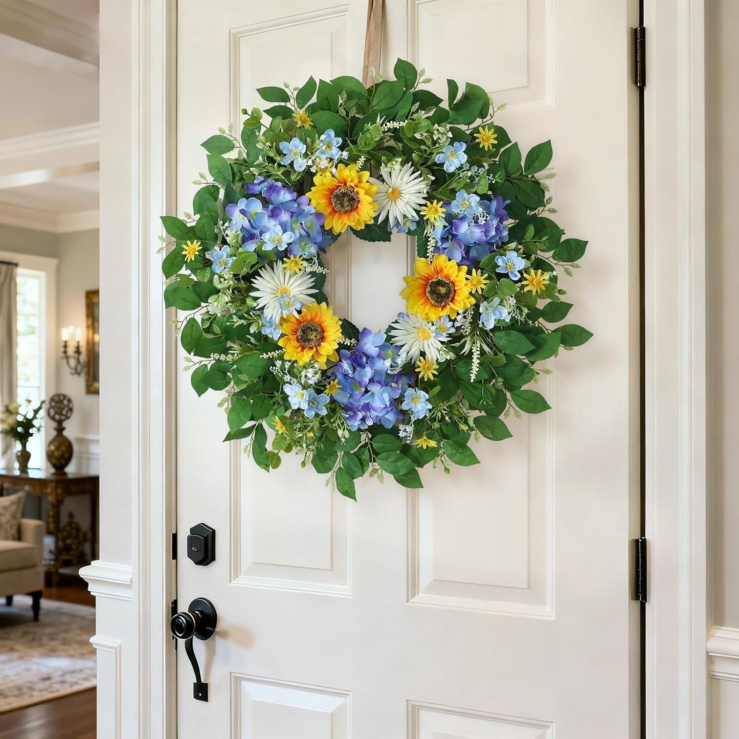 Large 26" Artificial Flower Wreath by [Brand Name] - Lifelike Sunflowers & Blue Hydrangeas for Spring/Summer Home Decor
