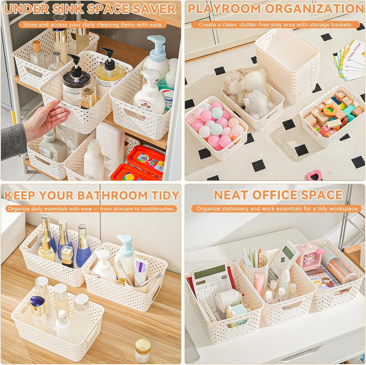 12 Pack Plastic Storage Baskets by [Brand Name] - Versatile Organizers with Handles & Labels for Cabinets, Closets, and Offices