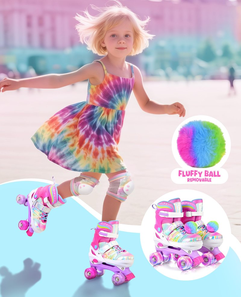 SULIFEEL Rainbow Tie-Dye Adjustable Roller Skates for Girls Kids Ages 3-5 5-8 6-12 Pink Purple Light Up Skate with Fluffy Pom Poms Triple Protection for Indoor Outdoor Skating