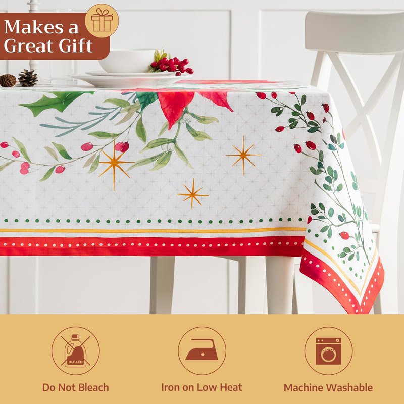 Maison d' Hermine Table Cloth Rectangle Table 100% Cotton 70 x 140 Inches Fall Tablecloth Reusable Everyday Use for Thanksgiving Christmas Decorations Dining Farmhouse Party (Poinsettia Christmas)
