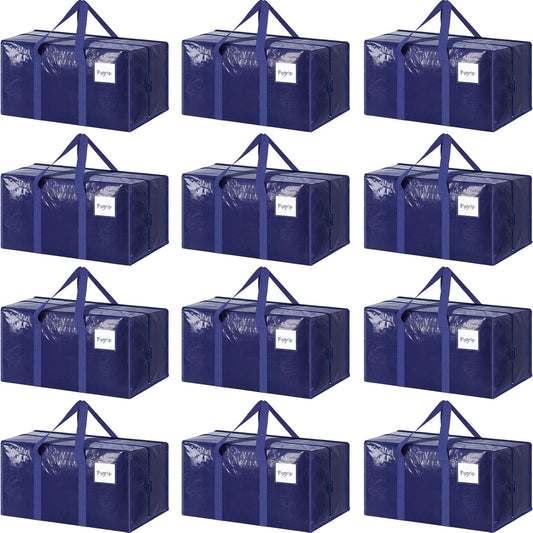 Skiennix Extra Heavy Duty Moving Bags - 12 Pack with Strong Zipper & Comfortable Handles | Dark Blue Storage Totes