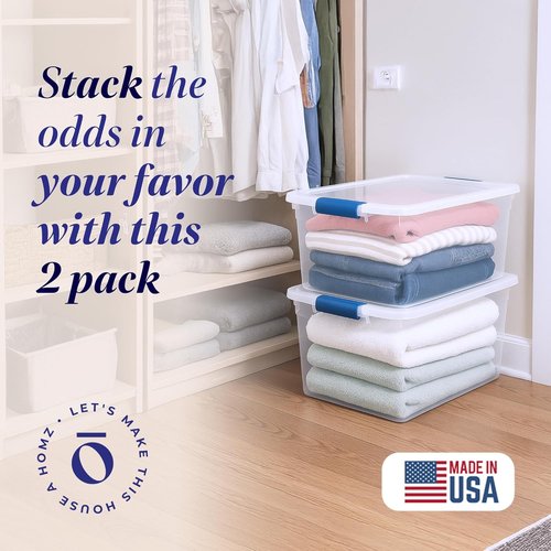 HOMZ Large Clear Plastic Storage Bins - 2-Pack 66 Quart Stackable Containers with Latching Lids for Home & Office