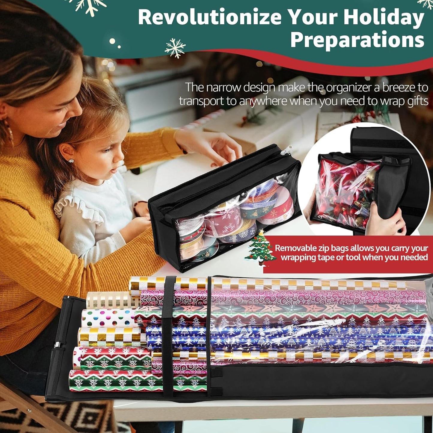 Woodoulogy Wrapping Paper Organizer - Double-Sided Gift Wrap Roll Holder | 63"x13" Over Door Storage - Black