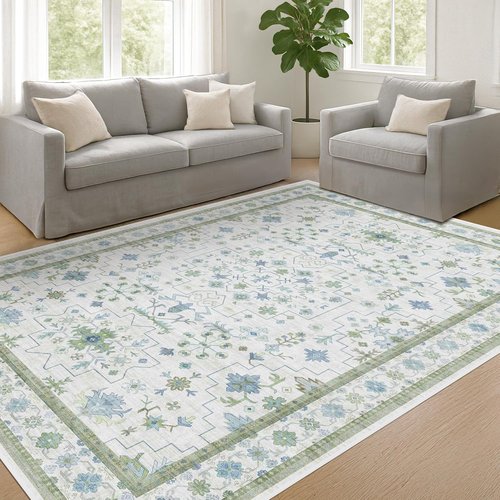 Hazo Haus Cream Oushak 6x9 Area Rug - Boho Floral Design in Cool Blue & Green, Washable Non-Slip