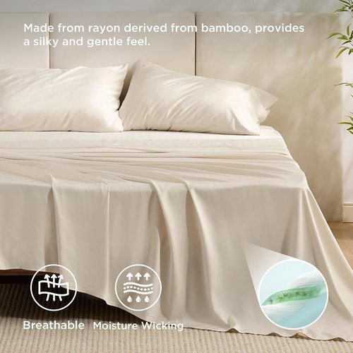 Bedsure Cooling Bed Sheets - Breathable Rayon from Bamboo | Full Size, Deep Pocket Up to 16 Inches, Light Beige