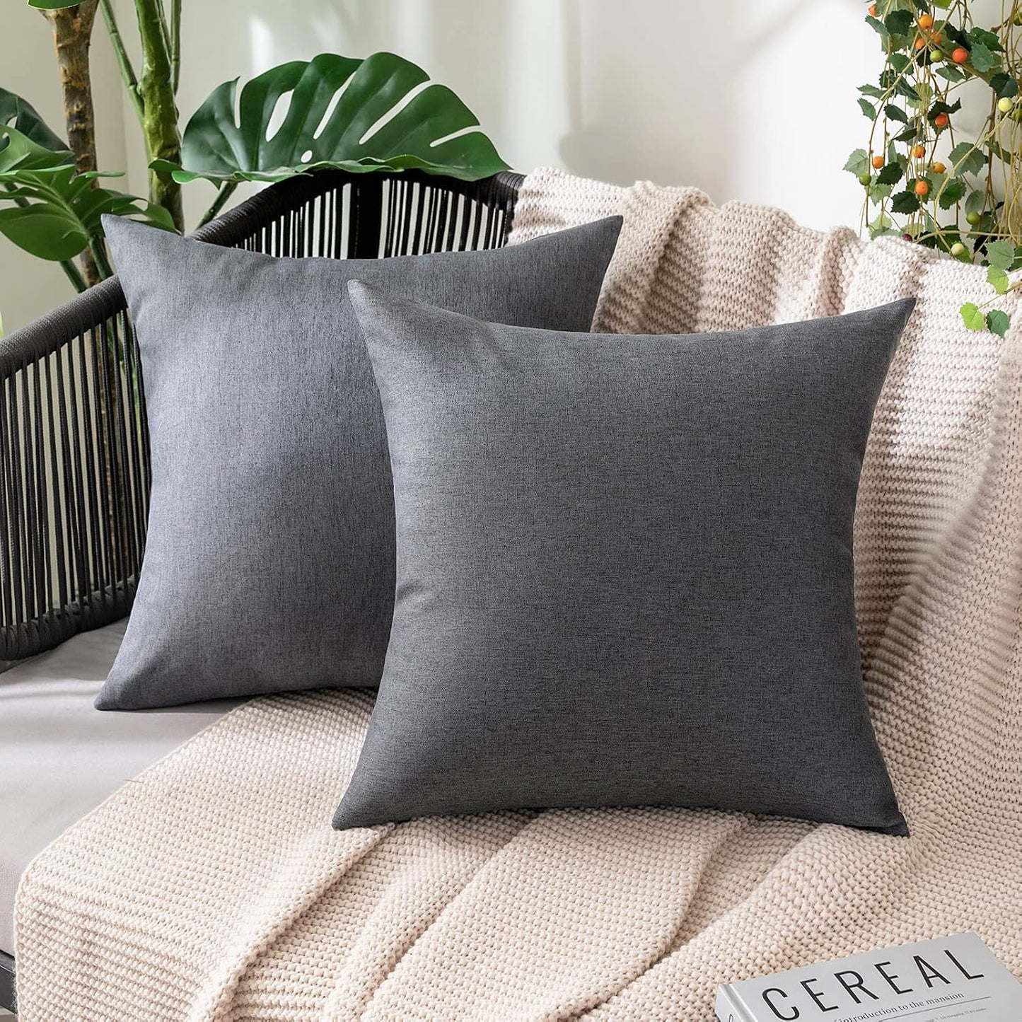 MIULEE Decorative Outdoor Throw Pillow Covers - Waterproof Faux Linen Euro Sham | 24x24 Inch Dark Grey (Pack of 2)