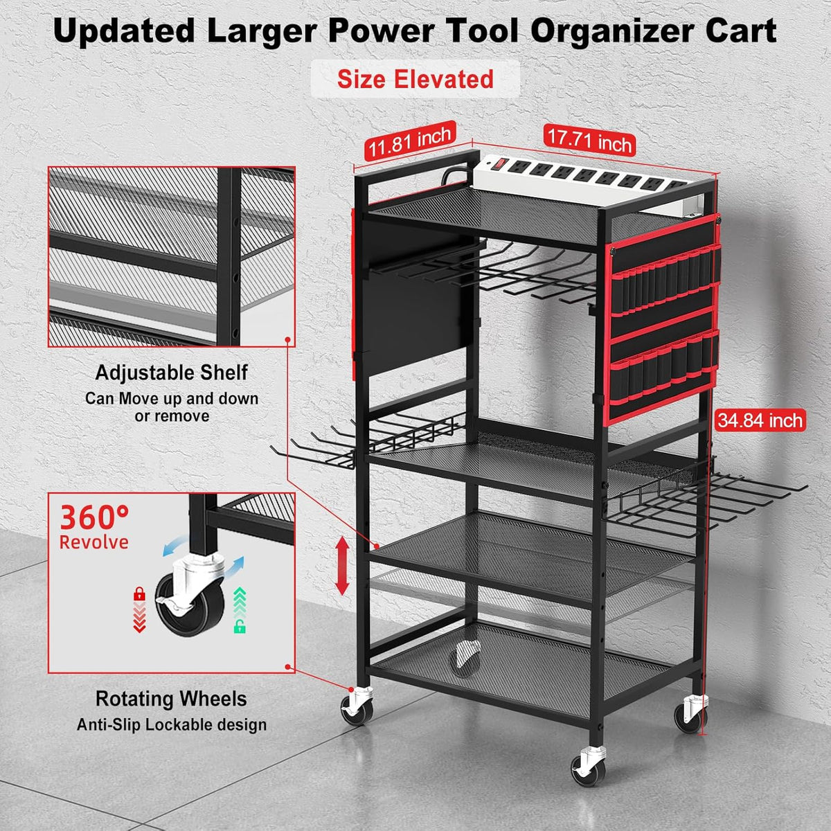JUNNUJ Power Tool Organizer Cart - Heavy Duty Rolling Storage Rack with 20A Charging Station | Red