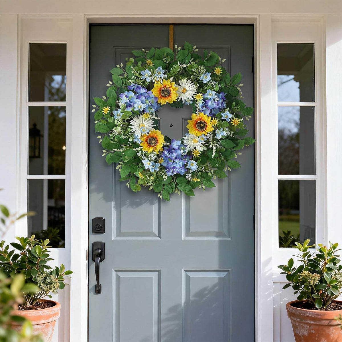 Large 26" Artificial Flower Wreath by [Brand Name] - Lifelike Sunflowers & Blue Hydrangeas for Spring/Summer Home Decor